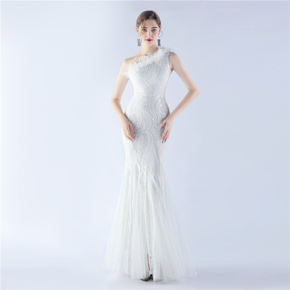 Asherah-31351-Ostrich Mesh Sequined Formal Dress