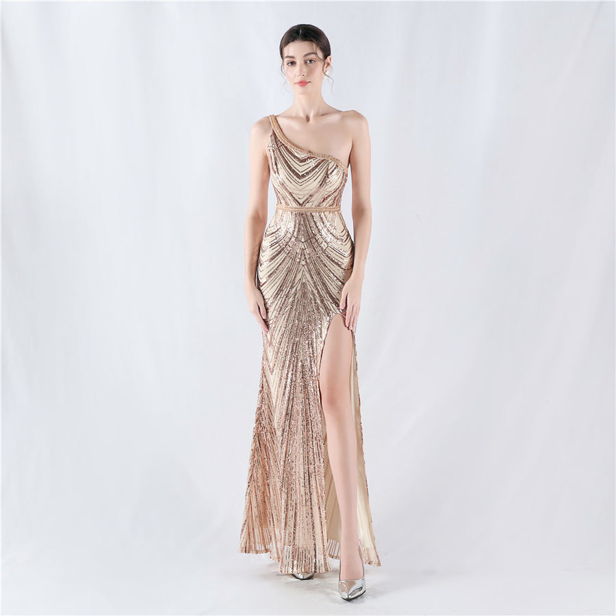 Beaded High Cut One Shoulder Formal Dress