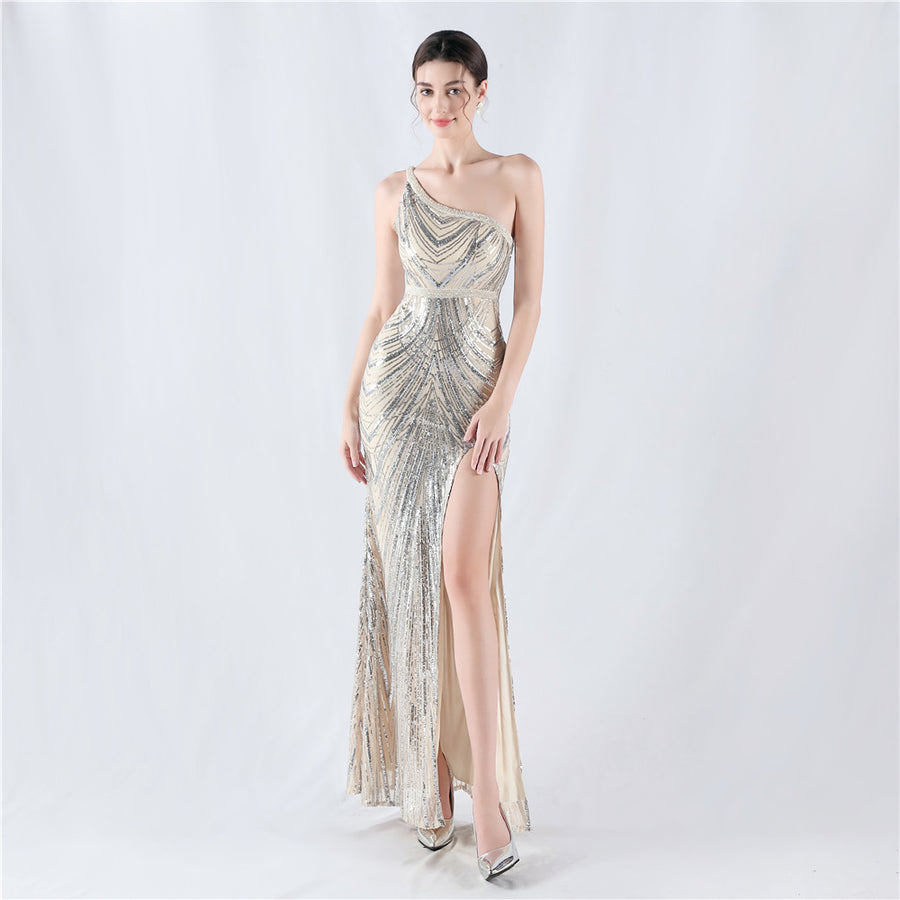 Beaded High Cut One Shoulder Formal Dress