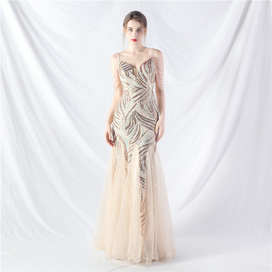Beaded Patchwork Mesh Formal Dress