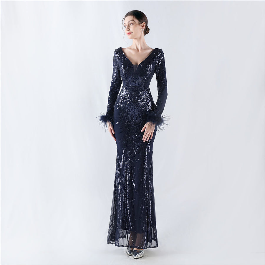 Positioned Flower Ostrich Fur Formal Dress
