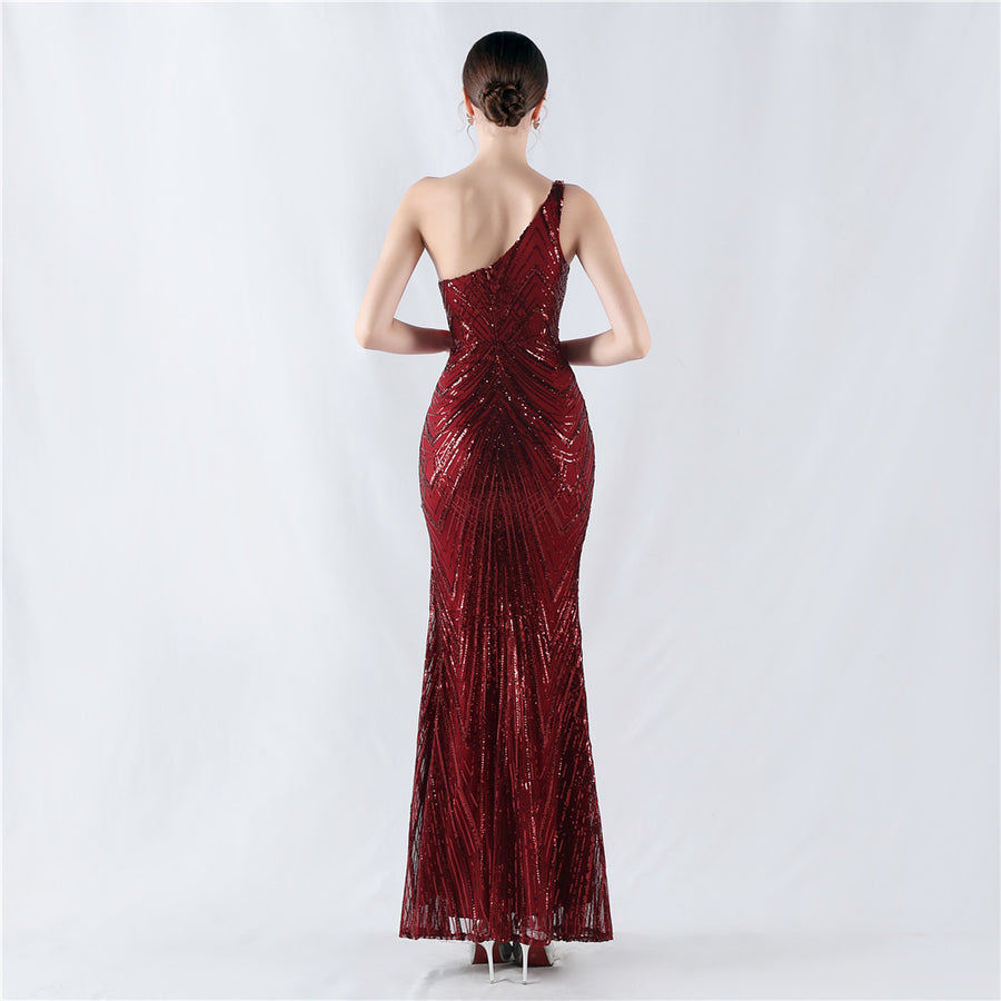 Beaded High Cut One Shoulder Formal Dress