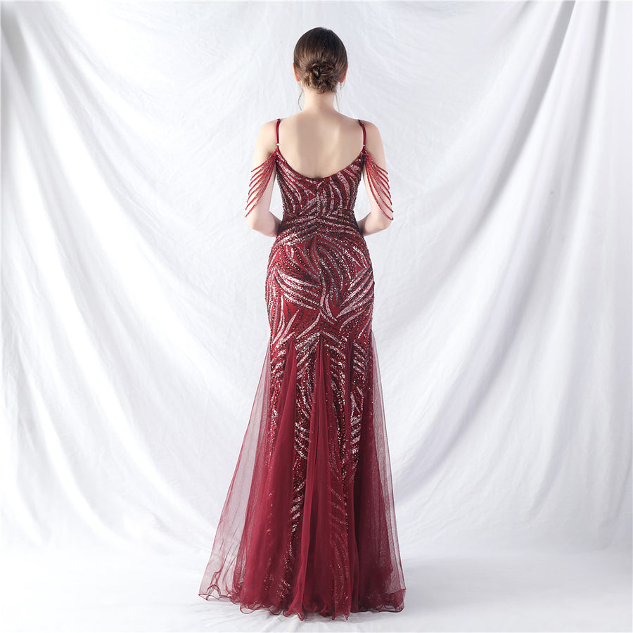 Beaded Patchwork Mesh Formal Dress