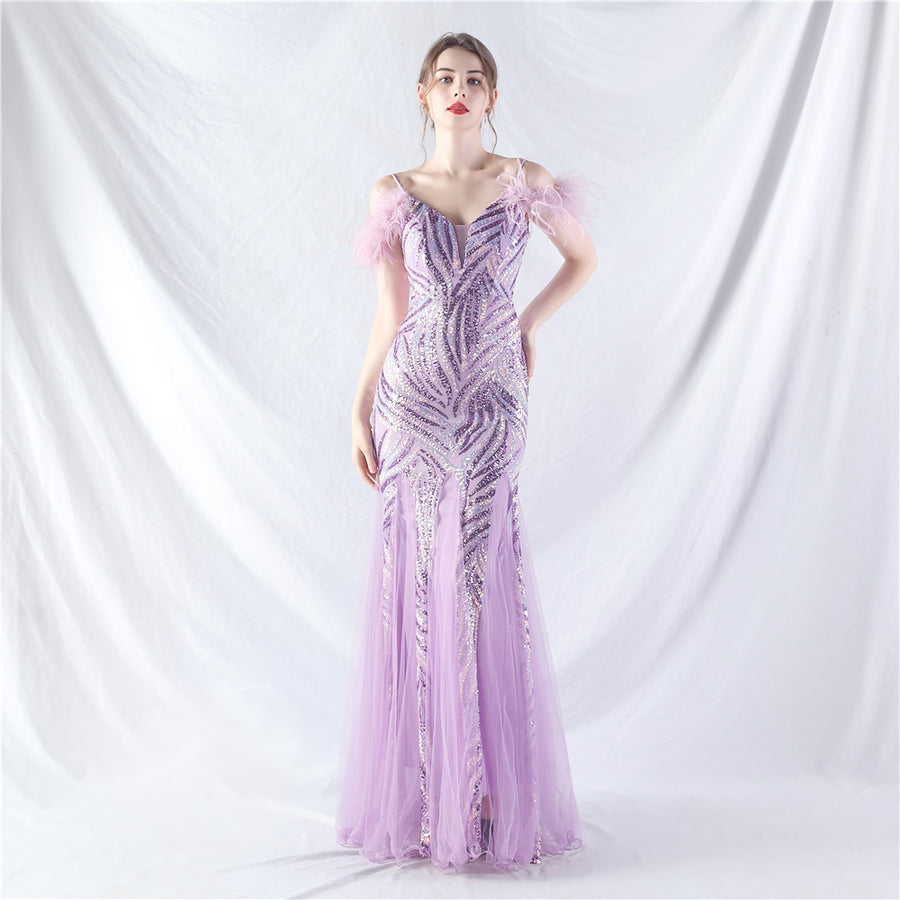Beaded Patchwork Mesh Formal Dress