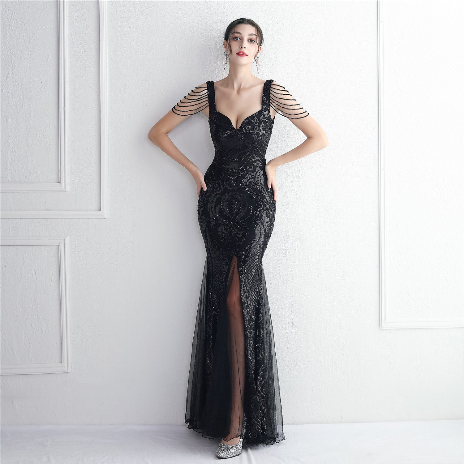 19618 - Ishtar-Beaded Mesh Formal Dress