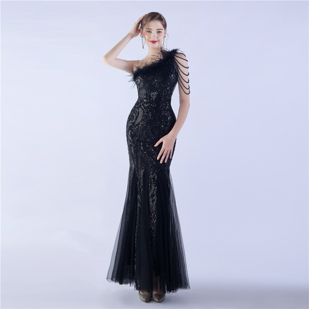 Beaded and Ostrich Fur Sequined Formal Dress