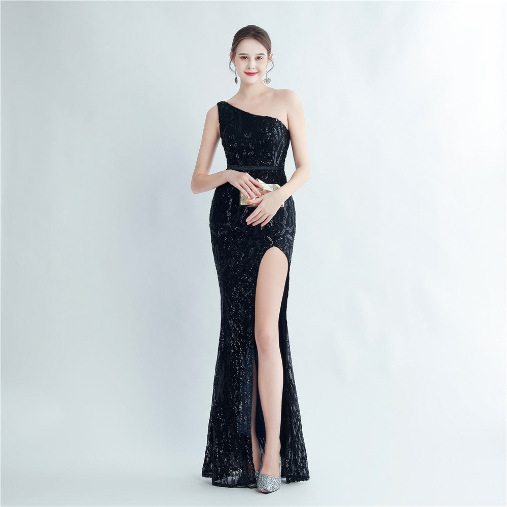 Horae-31226 Formal Dresses single shoulder diagonal collar side split long evening dress