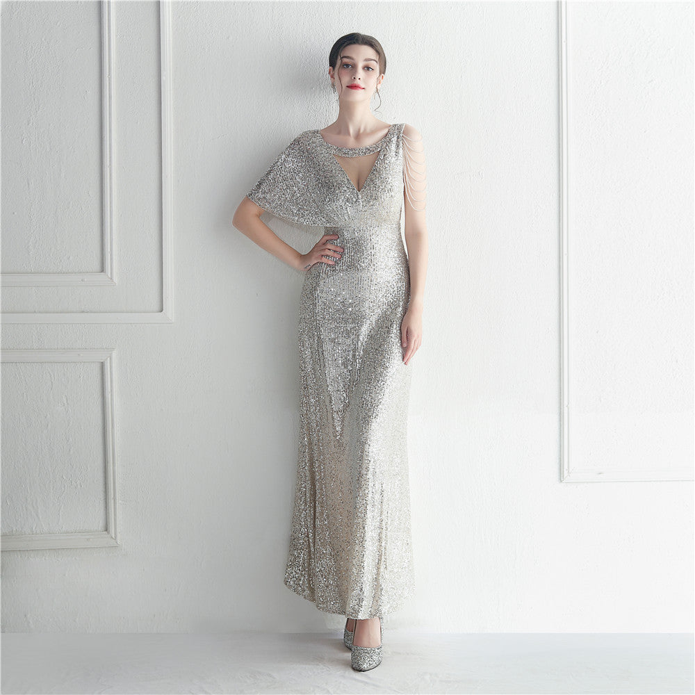 Ruffle Sleeve Mesh Formal Dress