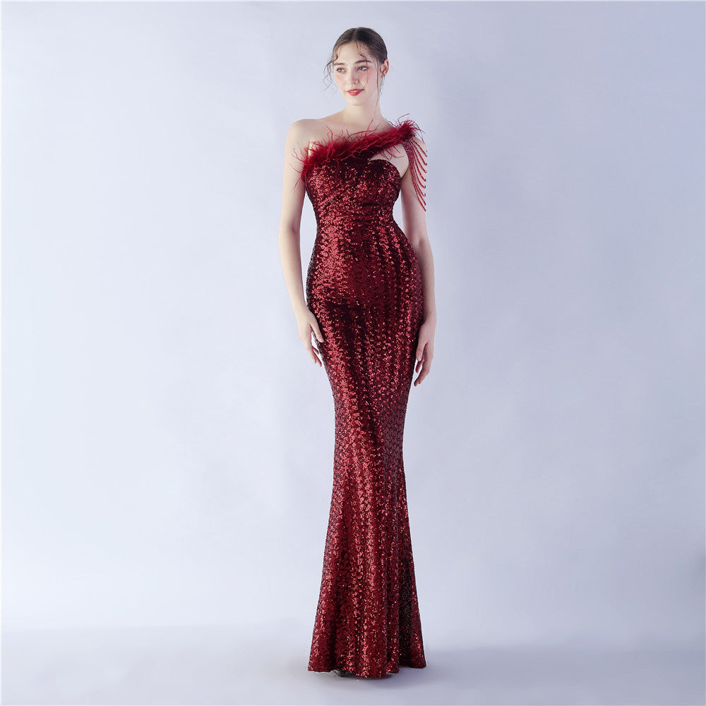 Ostrich Fur Illusion Beaded Formal Dress