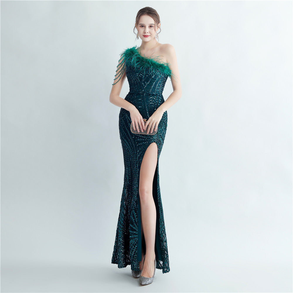 Fur Layered Beaded Formal Dress
