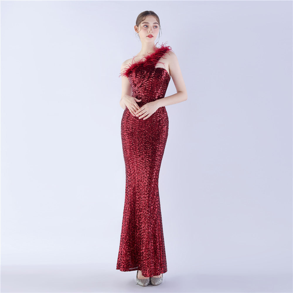 Ostrich Fur One-Shoulder Slant Neck Beaded Maxi Formal Dress