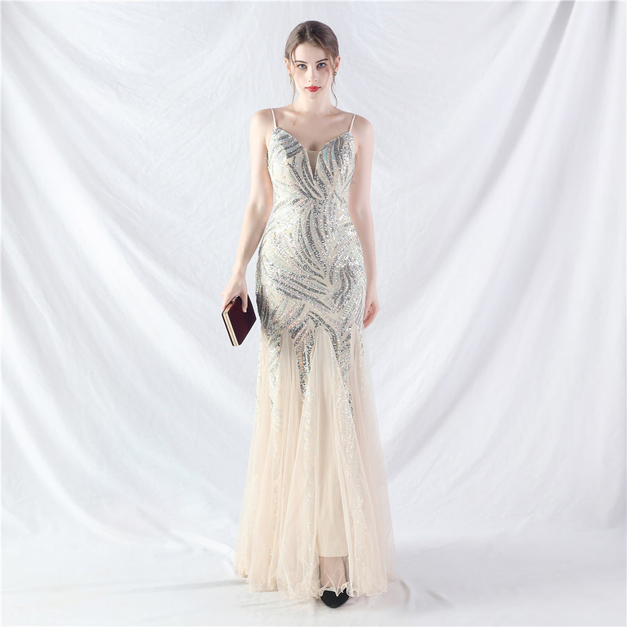 Beaded Patchwork Mesh Halter Formal Dresses