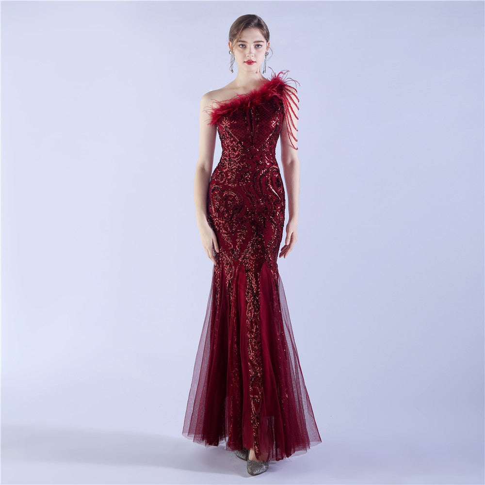 Beaded and Ostrich Fur Sequined Formal Dress