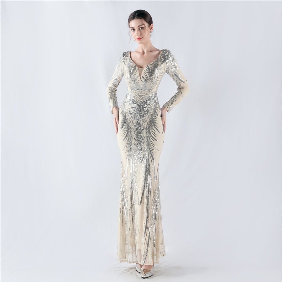 Beaded Long Sleeve Formal Dress