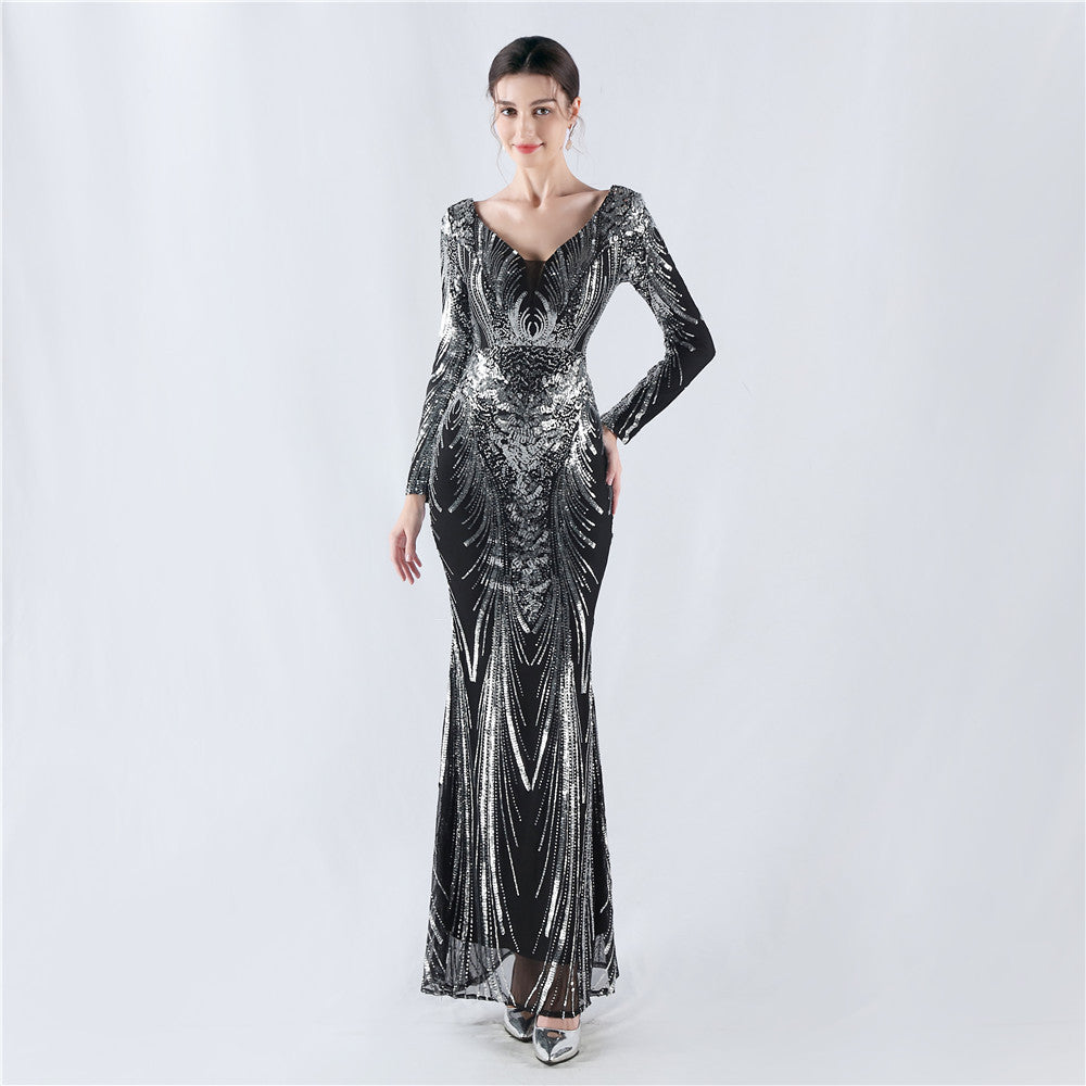 Beaded Long Sleeve Formal Dress