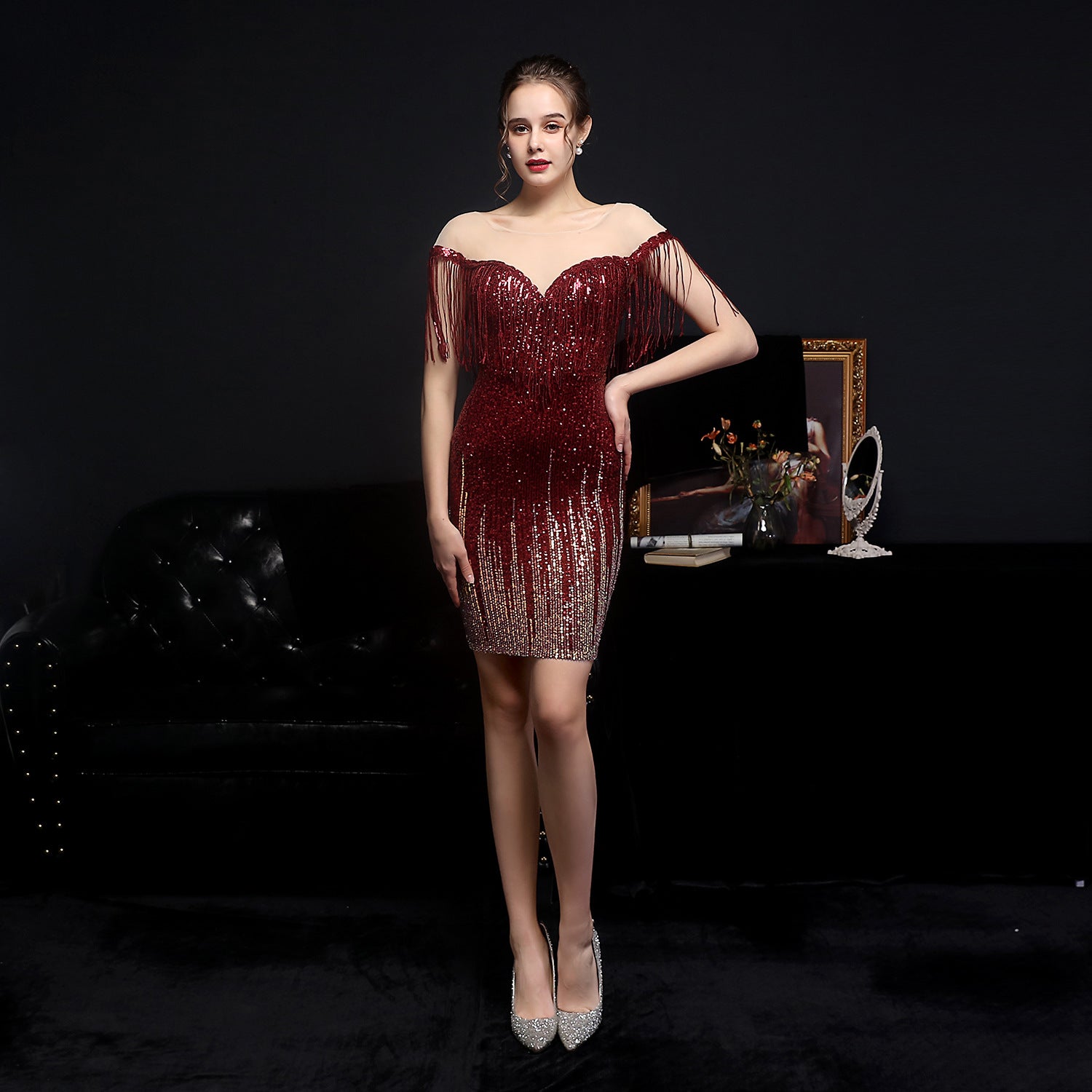 Eos-18577-Sequin Fringe Short Formal Dress