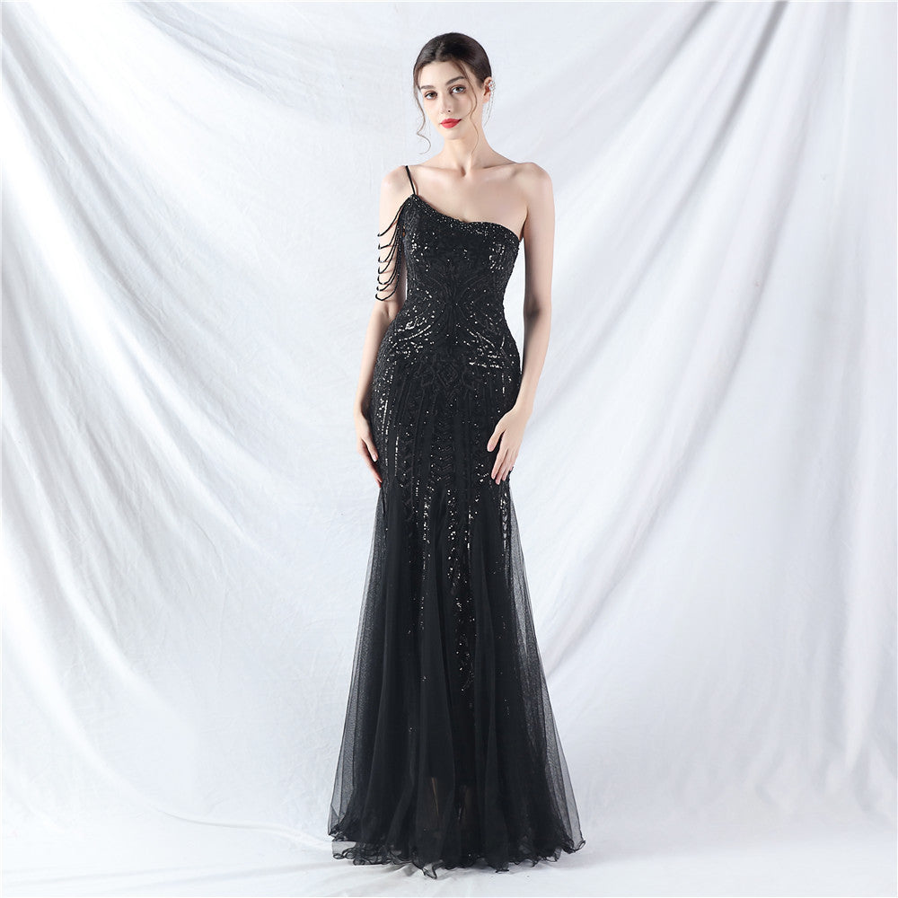Lyra-31960-Beaded Patchwork Mesh One Shoulder Gown