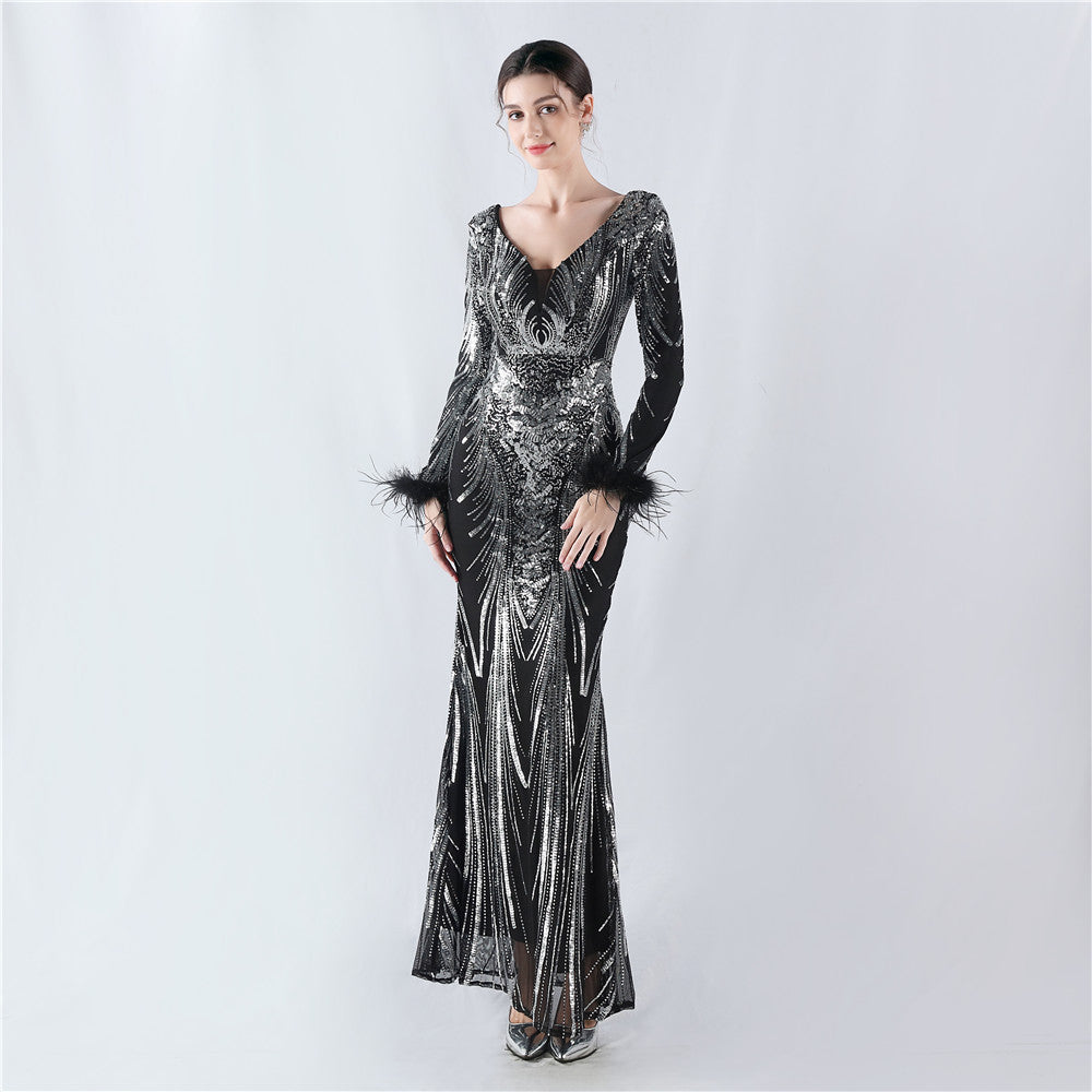 Eos-33060-Positioned Flower Ostrich Fur Formal Dress