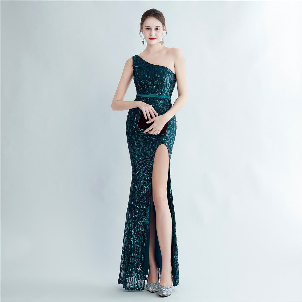Horae Formal Dresses single shoulder diagonal collar side split long evening formal dress