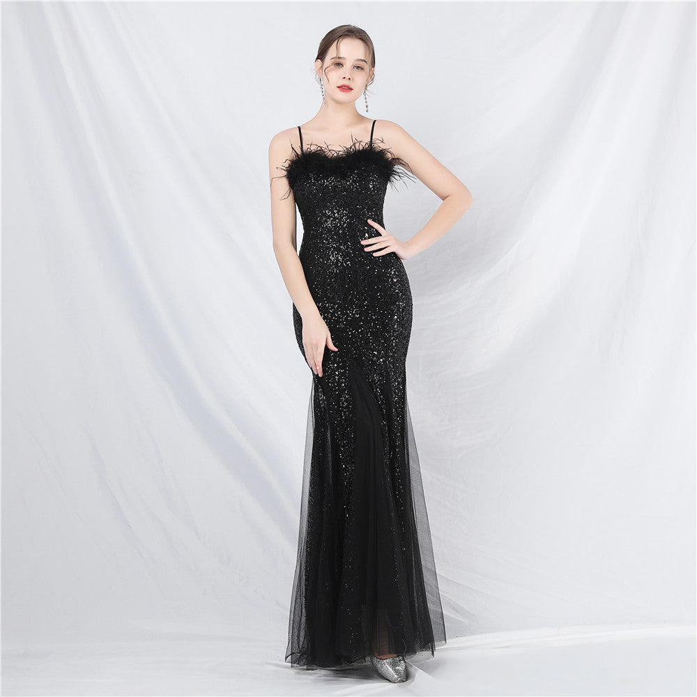 Saraswati-31852-Ostrich Fur Mesh Beaded Formal Dresses