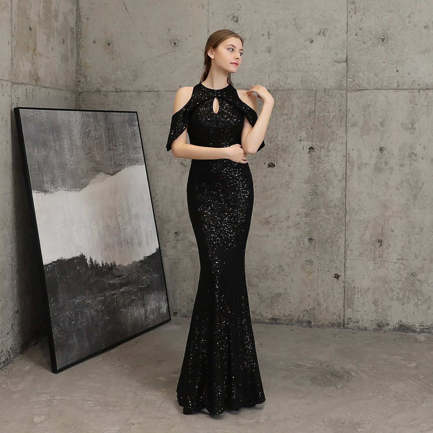 Short Sleeve Sequin Formal Dress