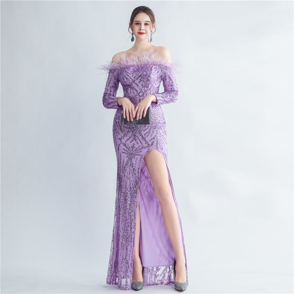 Tethys-31119 Shoulder Formal Dress with Feathers
