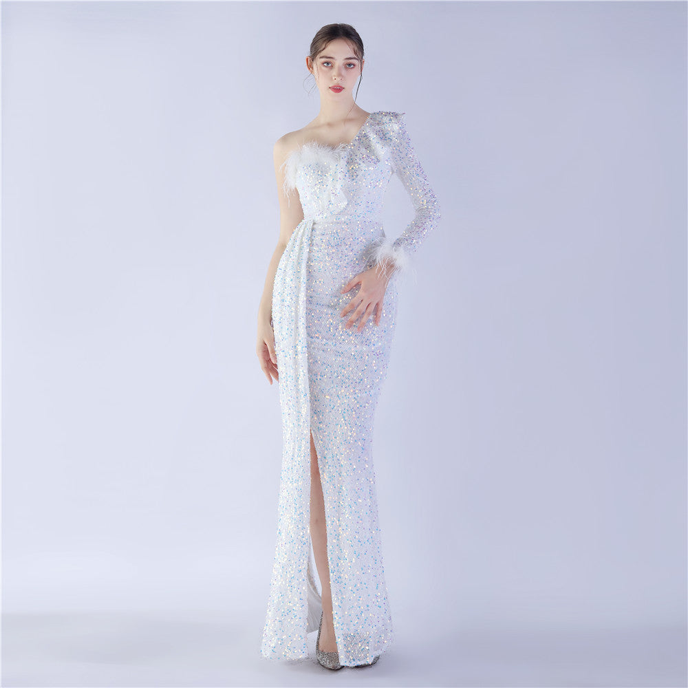 Anwen Ruffle Side-Slit High-End Sequin Evening Formal Dress