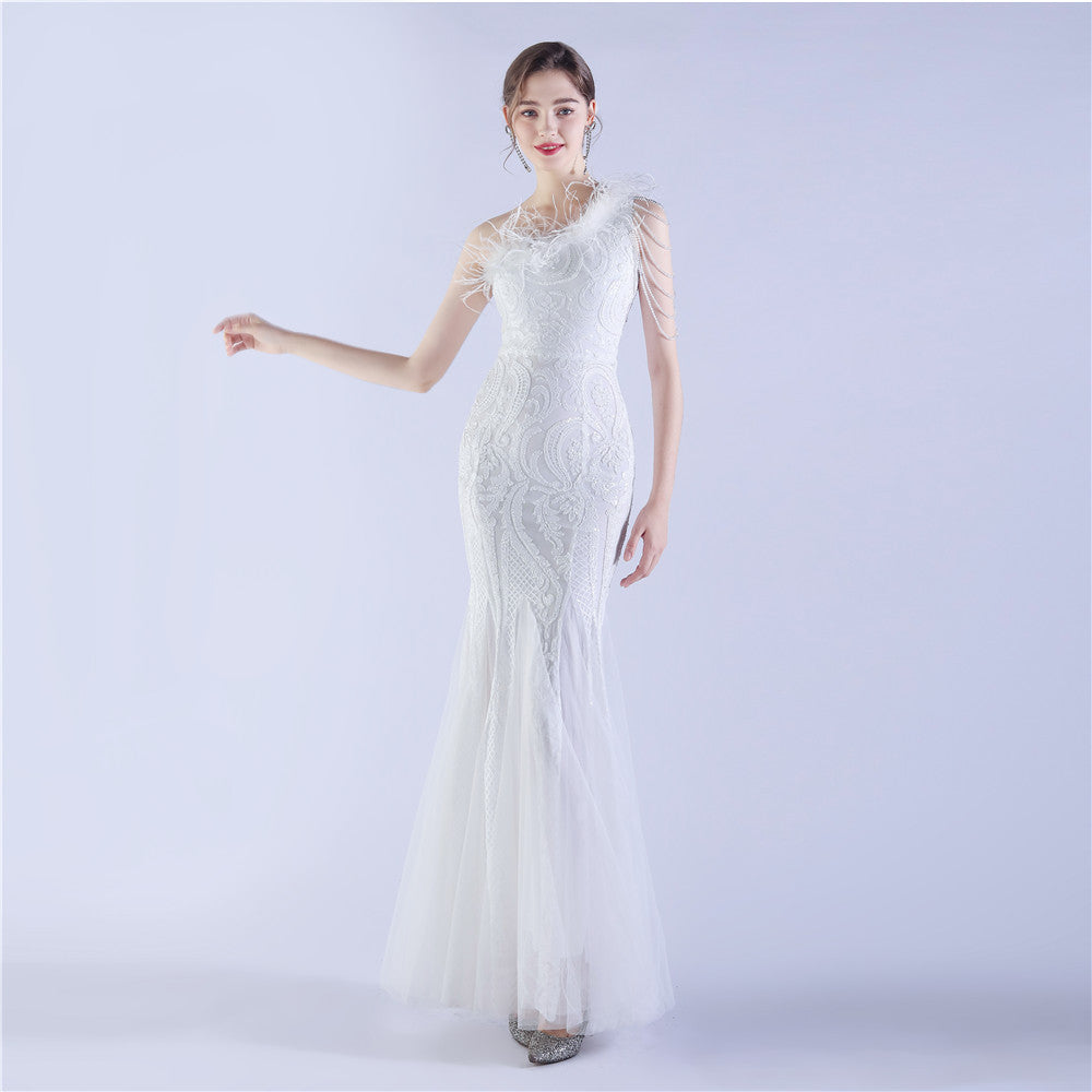 Aine-31323-Crafted Beaded and Ostrich Fur Sequined Formal Dress