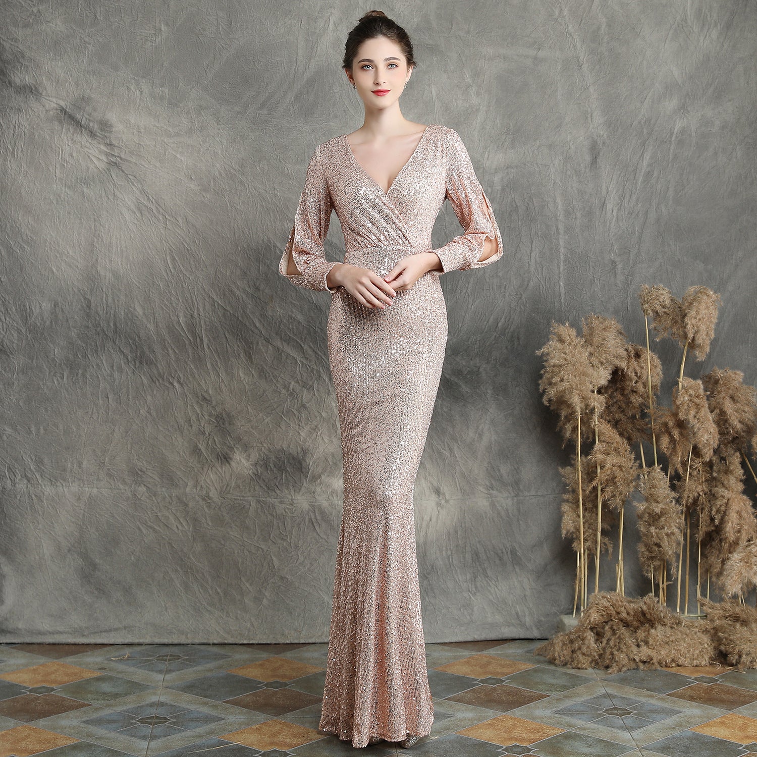 Danu-16255-Long Sleeve Sequin Formal Dress