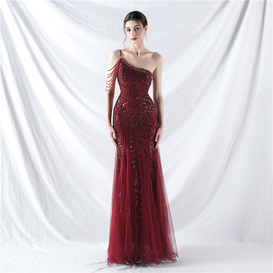 Beaded Patchwork Mesh One Shoulder Formal Gown