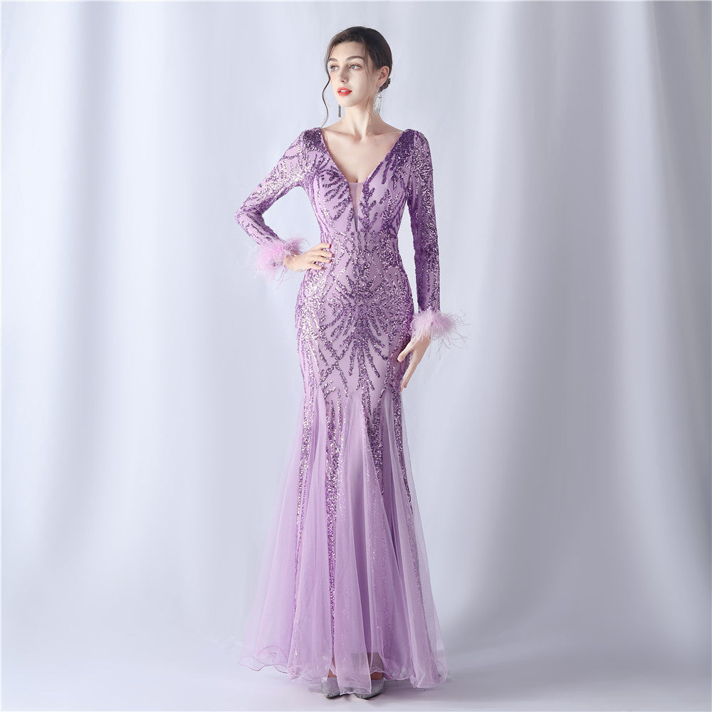 Rhea-31613-Ostrich Fur Mesh Beaded Formal Dresses