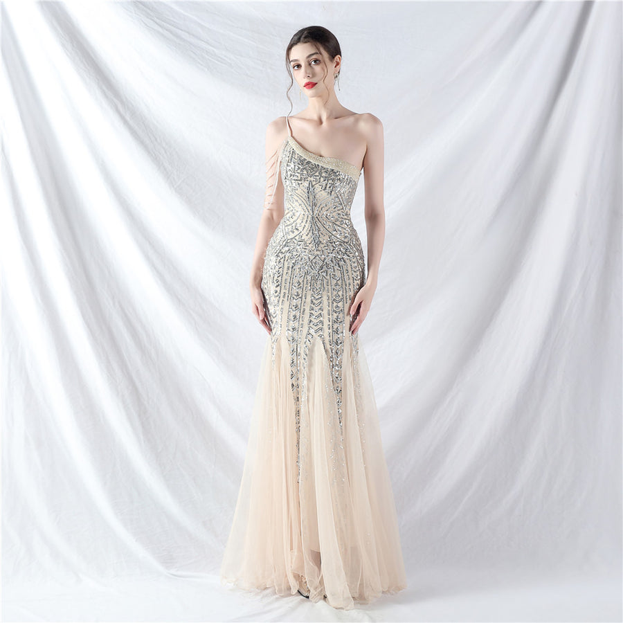 Beaded Patchwork Mesh One Shoulder Formal Gown