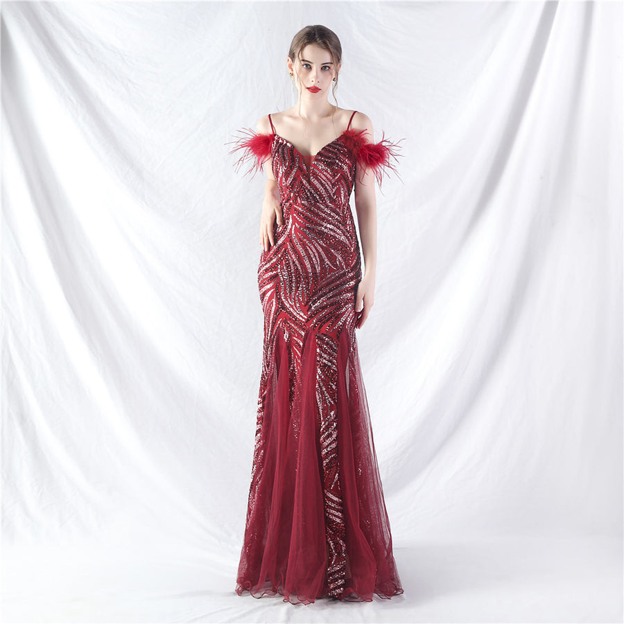 Beaded Patchwork Mesh Formal Dress