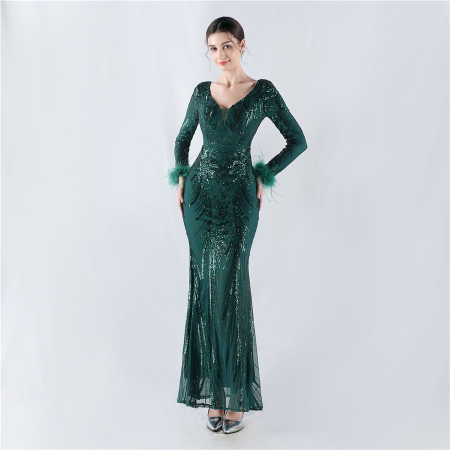 Positioned Flower Ostrich Fur Formal Dress