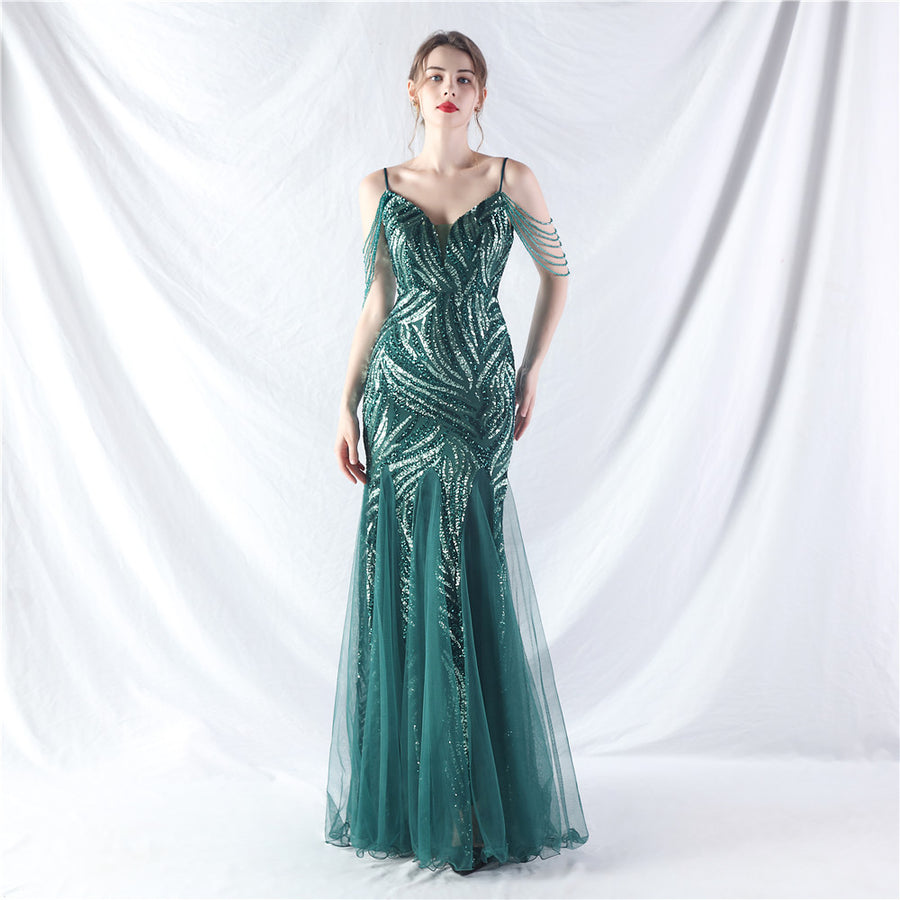 Beaded Patchwork Mesh Formal Dress