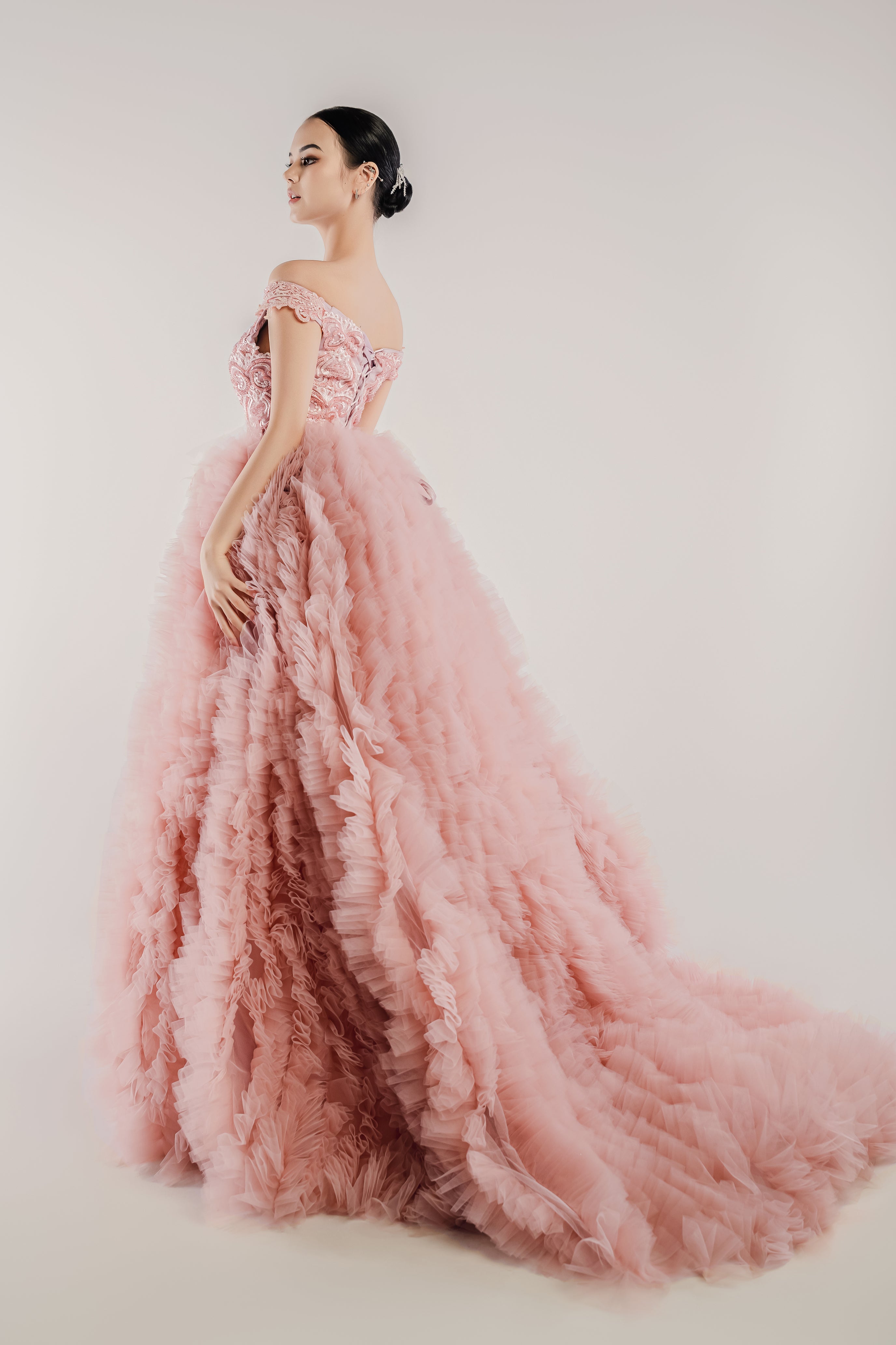 Romantic Blush Pink Formal Gown & Wedding Dress Off-Shoulder Ruffled Tulle Ball Gown with Hand-Beaded Bodice & Grand Train - Rosabelle. WL Bridal & Gown