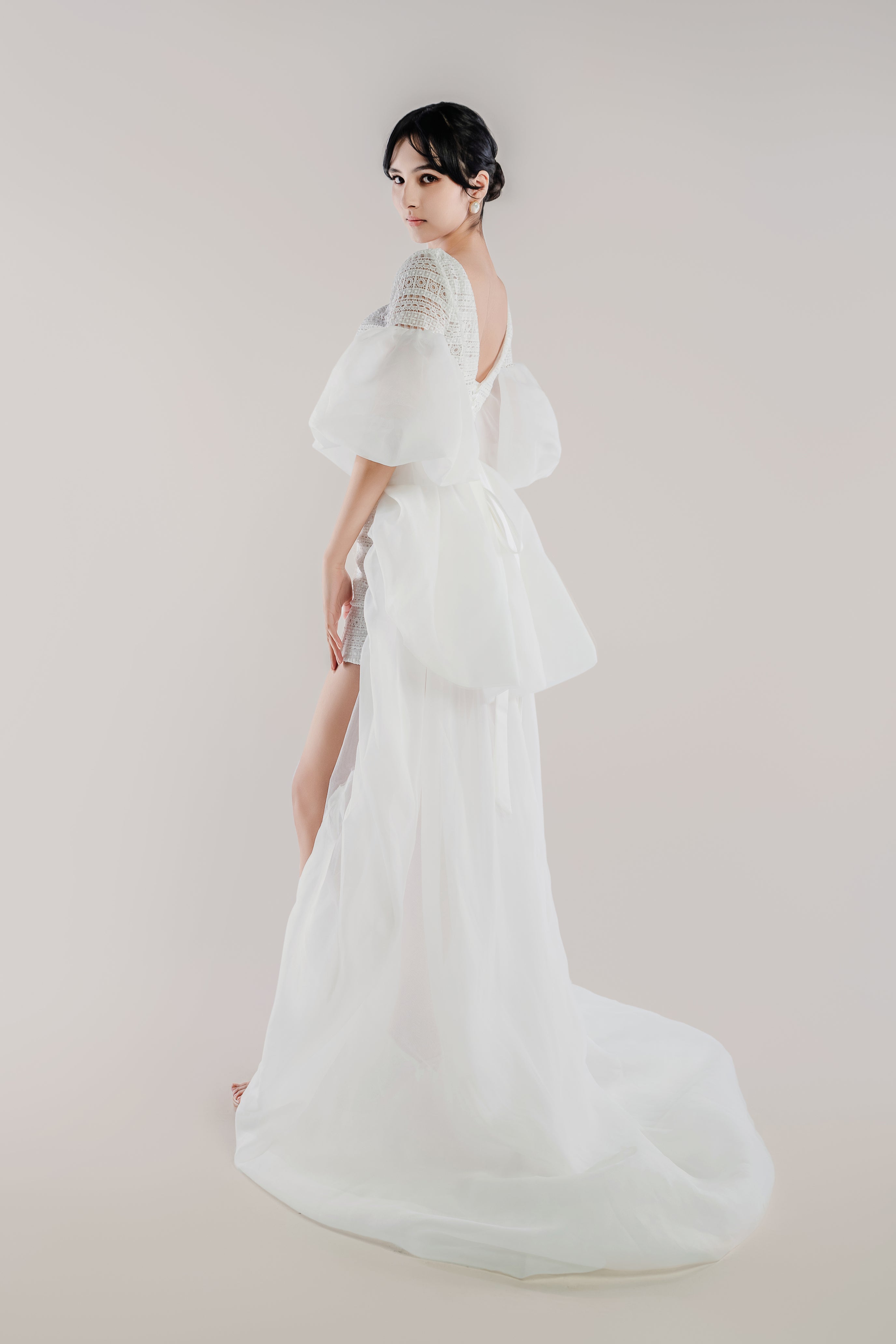 Short Lace Wedding Dress with Detachable Train and Puff Sleeves - Rora. WL Bridal & Gown