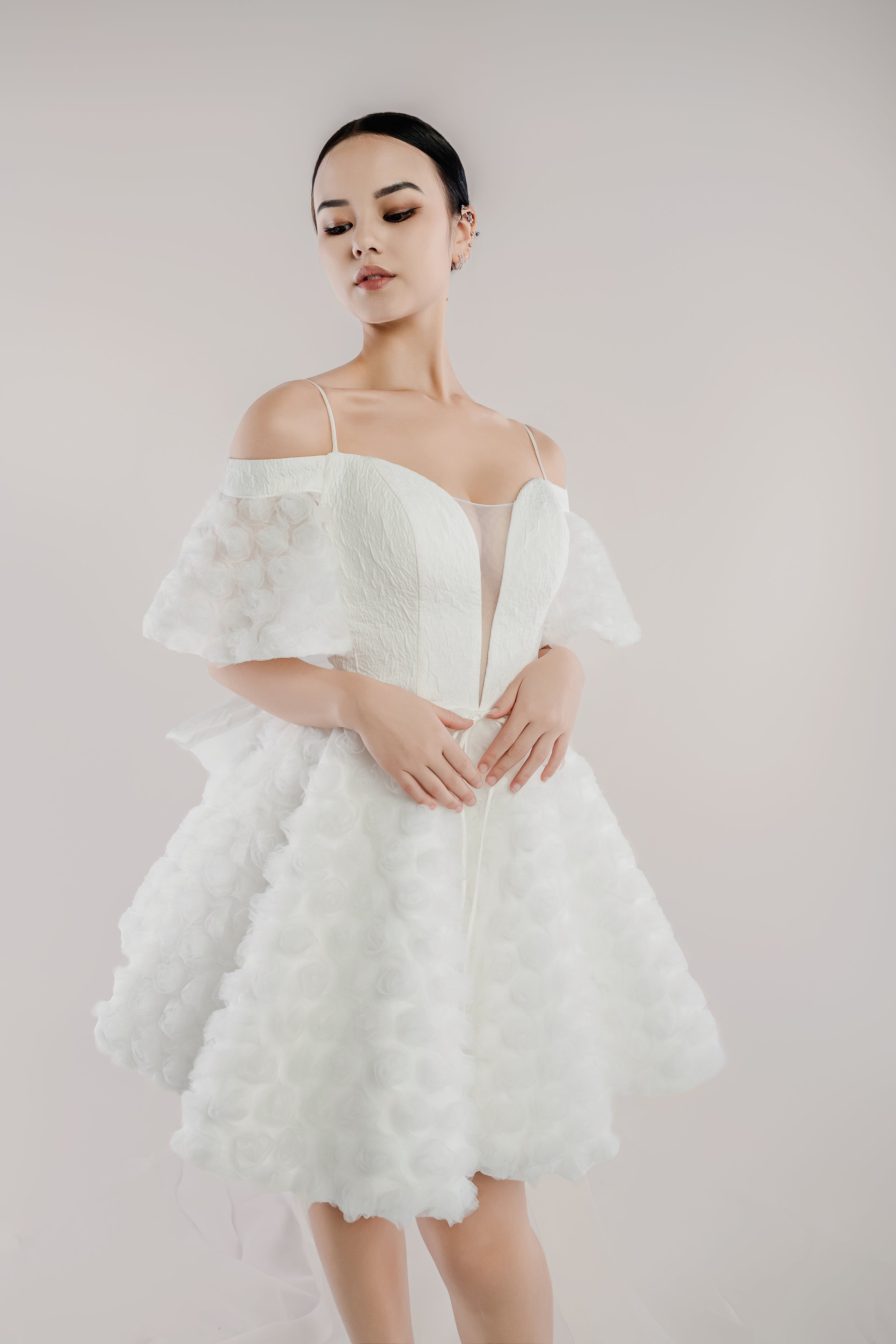 Wedding Dress with Detachable Train, 3D Floral Skirt & Sheer Corset Bodice - Talita. WL Bridal & Gown
