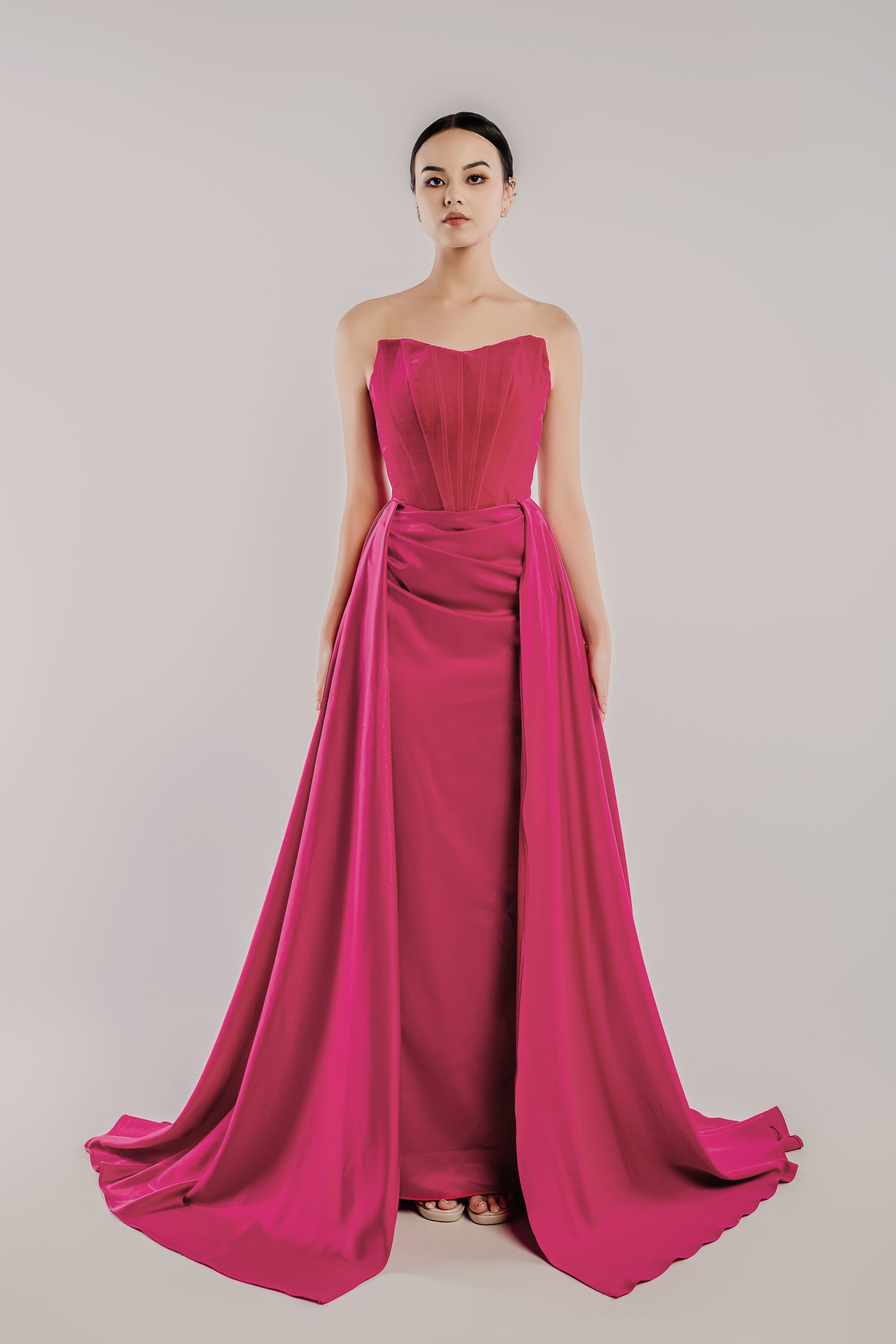 WL Bridal & Gown – Strapless Corset Satin Ball-Gown with Sweep Train & Draped Skirt - Rosalind