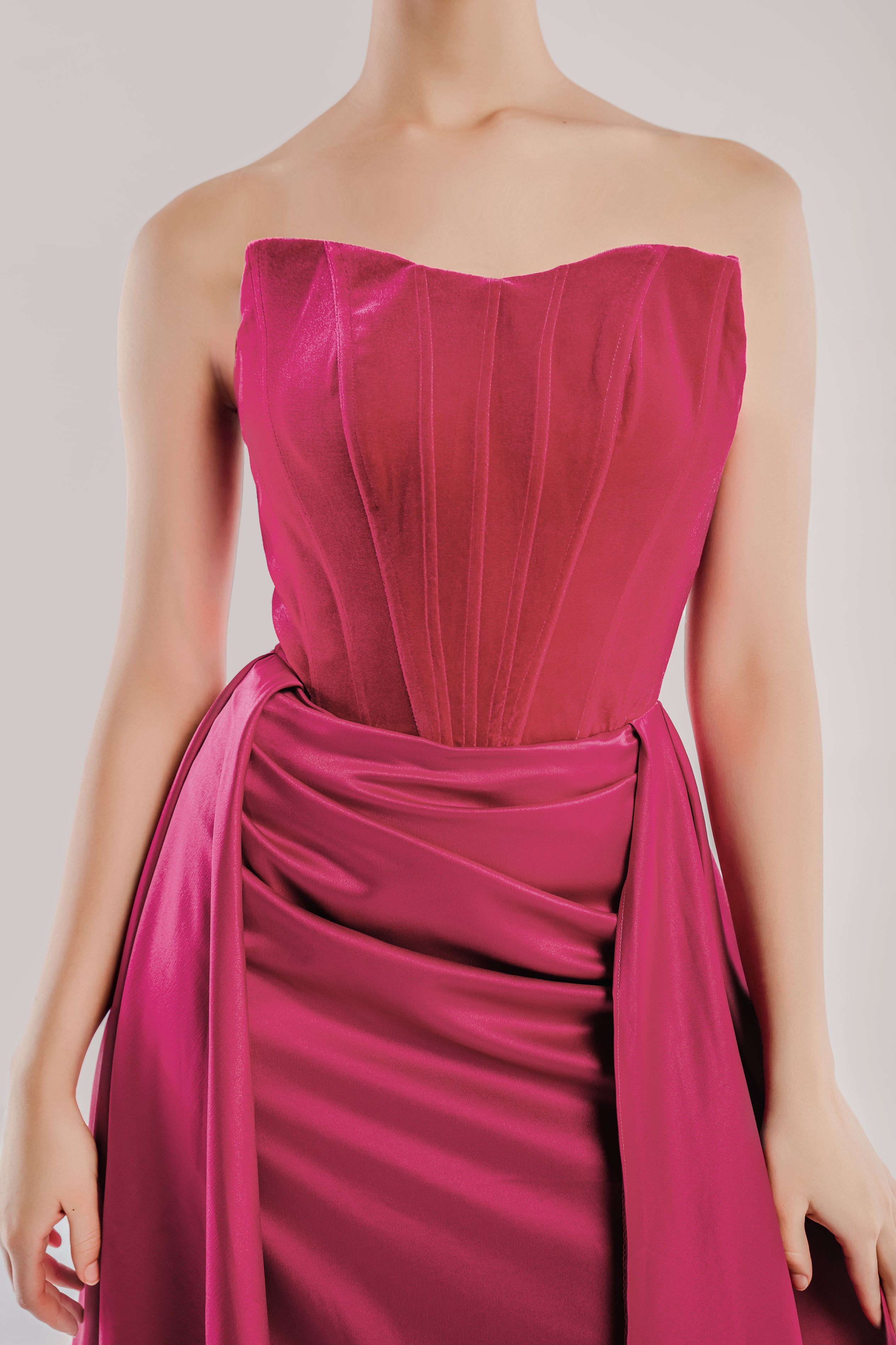 Strapless Draped Satin Wedding Dress & Evening Gown with Overskirt - Rosalind. WL Bridal & Gown