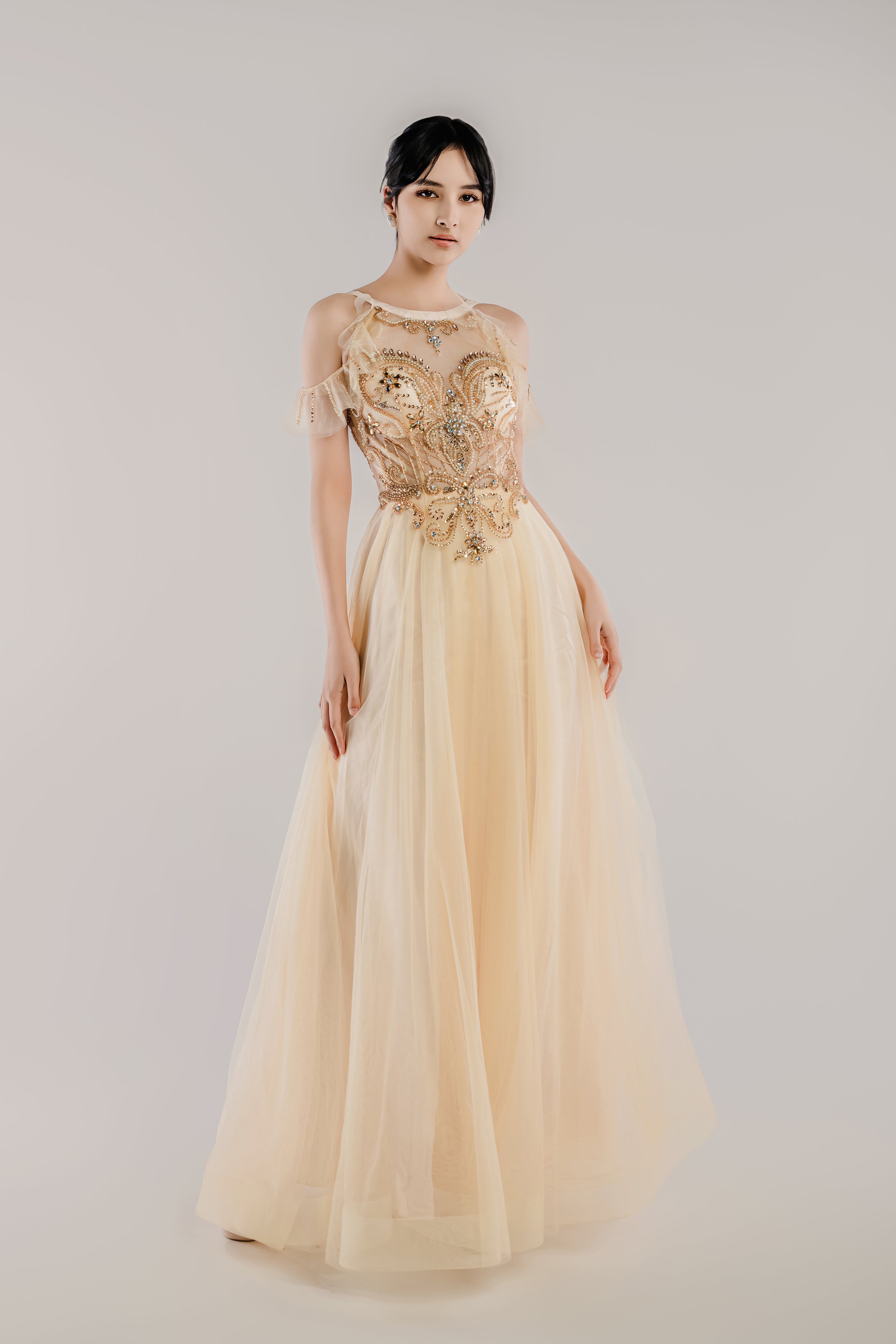 Romantic Cold-Shoulder Tulle Gown with Gold Beaded Bodice and Deep V B WL Bridal & Gown Romantic Cold-Shoulder Tulle Gown with Gold Beaded Bodice and Deep V B WL Bridal & Gown