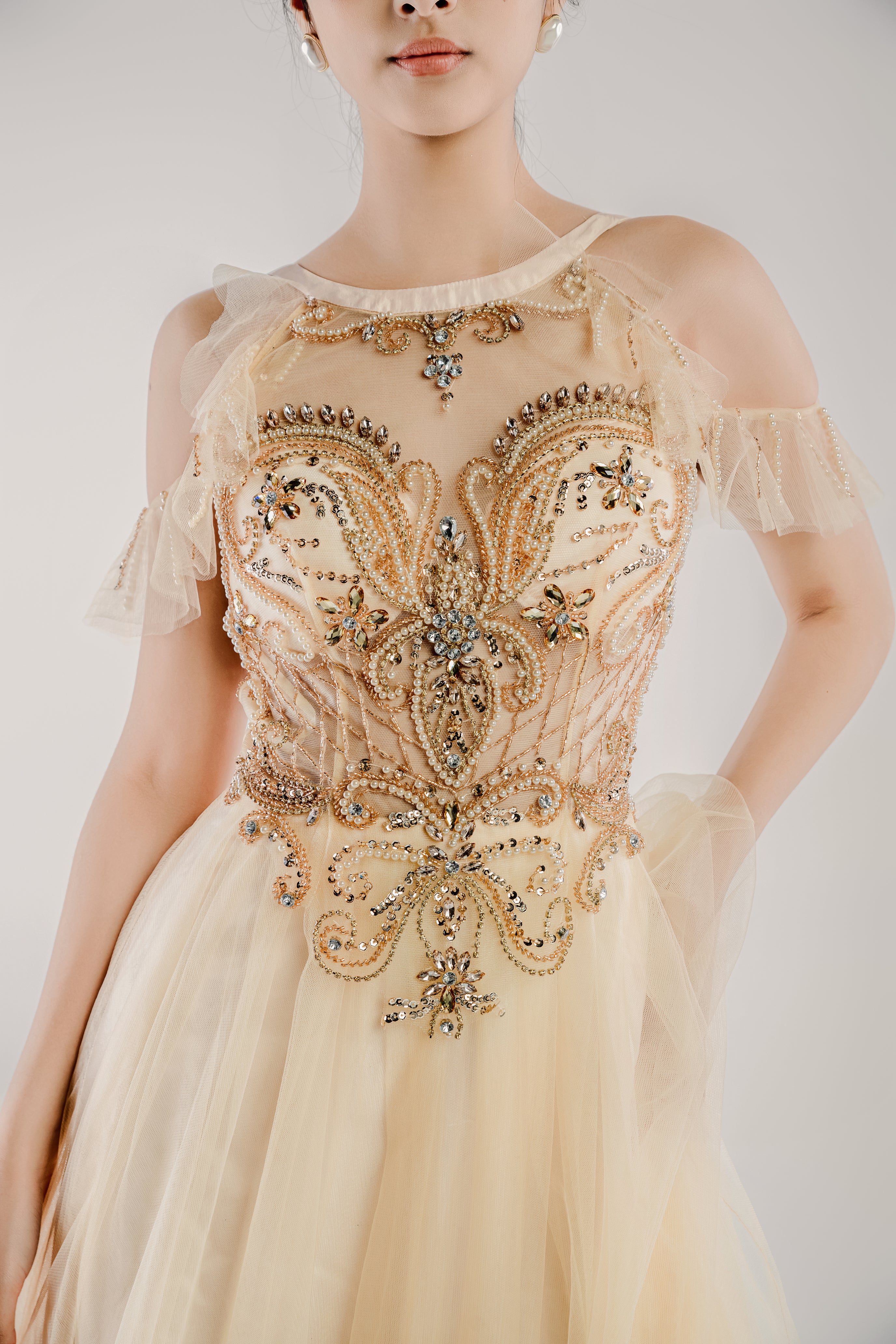 Romantic Cold-Shoulder Tulle Gown with Gold Beaded Bodice and Deep V Back - Celeste. WL Bridal & Gown