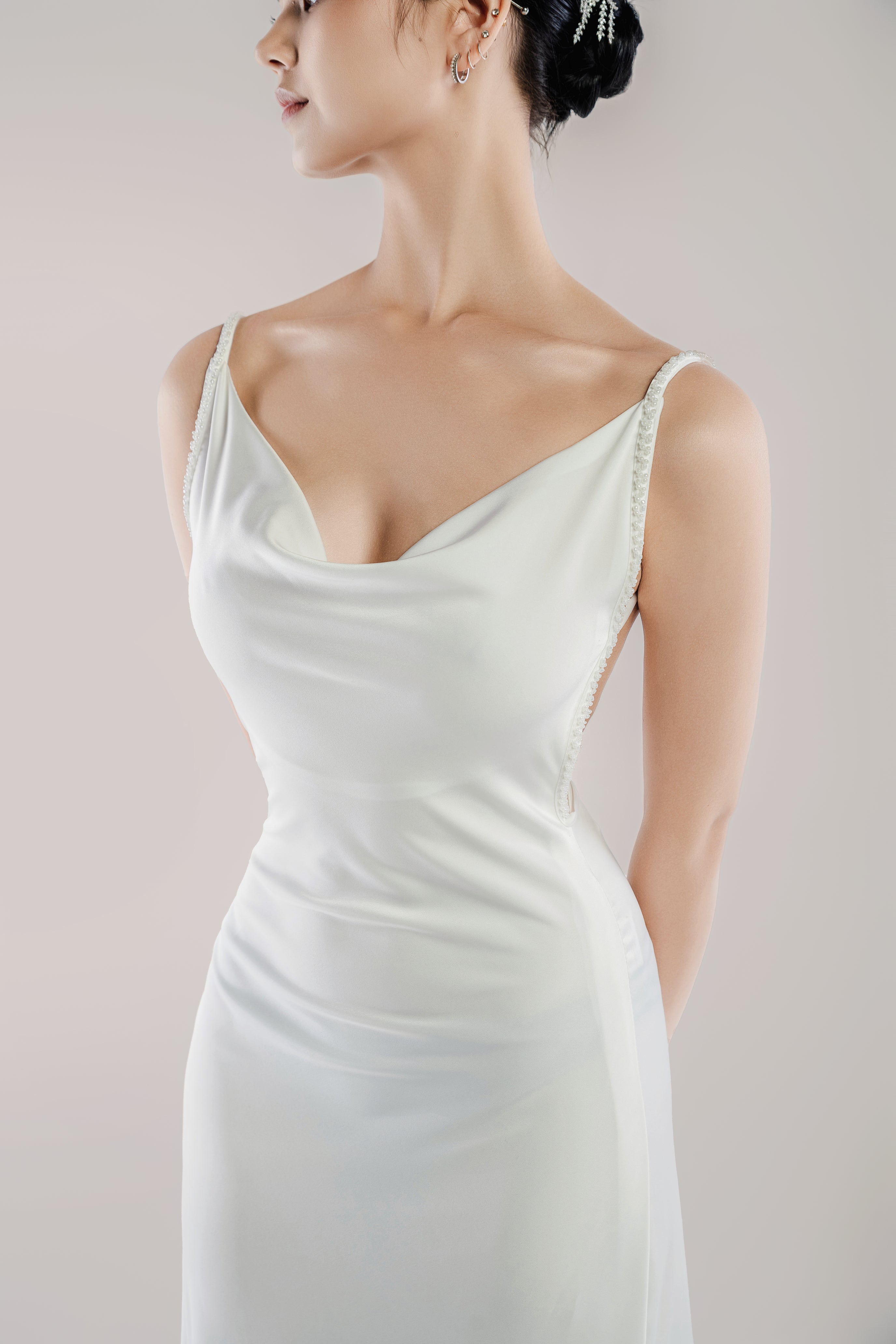 Backless Cowl Neck Satin Slip Wedding Dress With Spaghetti Straps and Sweep Train - Selene. WL Bridal & Gown