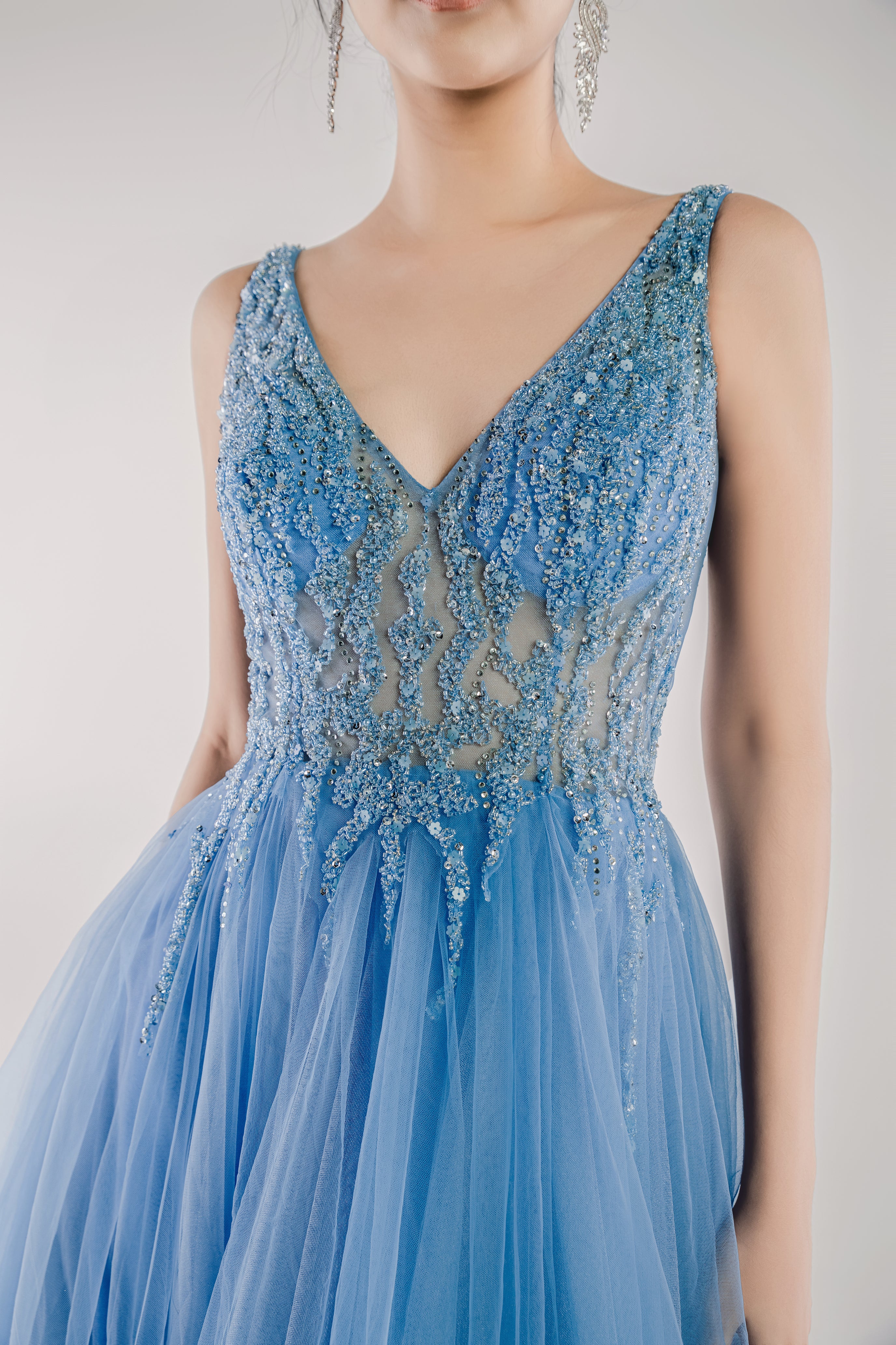Blue Tulle Wedding Gown & Formal Dress With Beaded Bodice and Flowing Skirt - Ray. WL Bridal & Gown