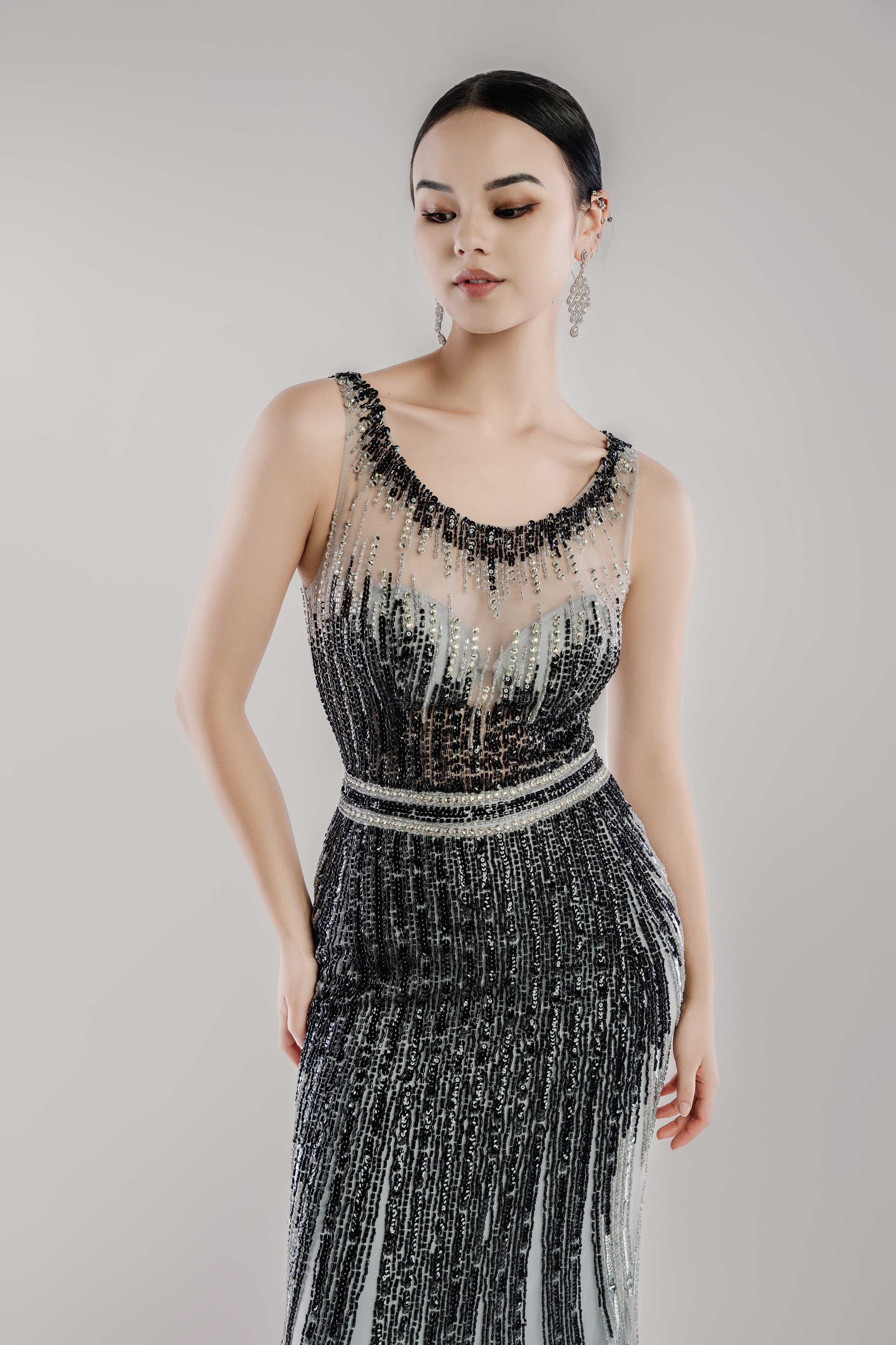 Illusion Neckline Hand-Beaded Mermaid Evening Gown With Sheer Back and Sweep Train