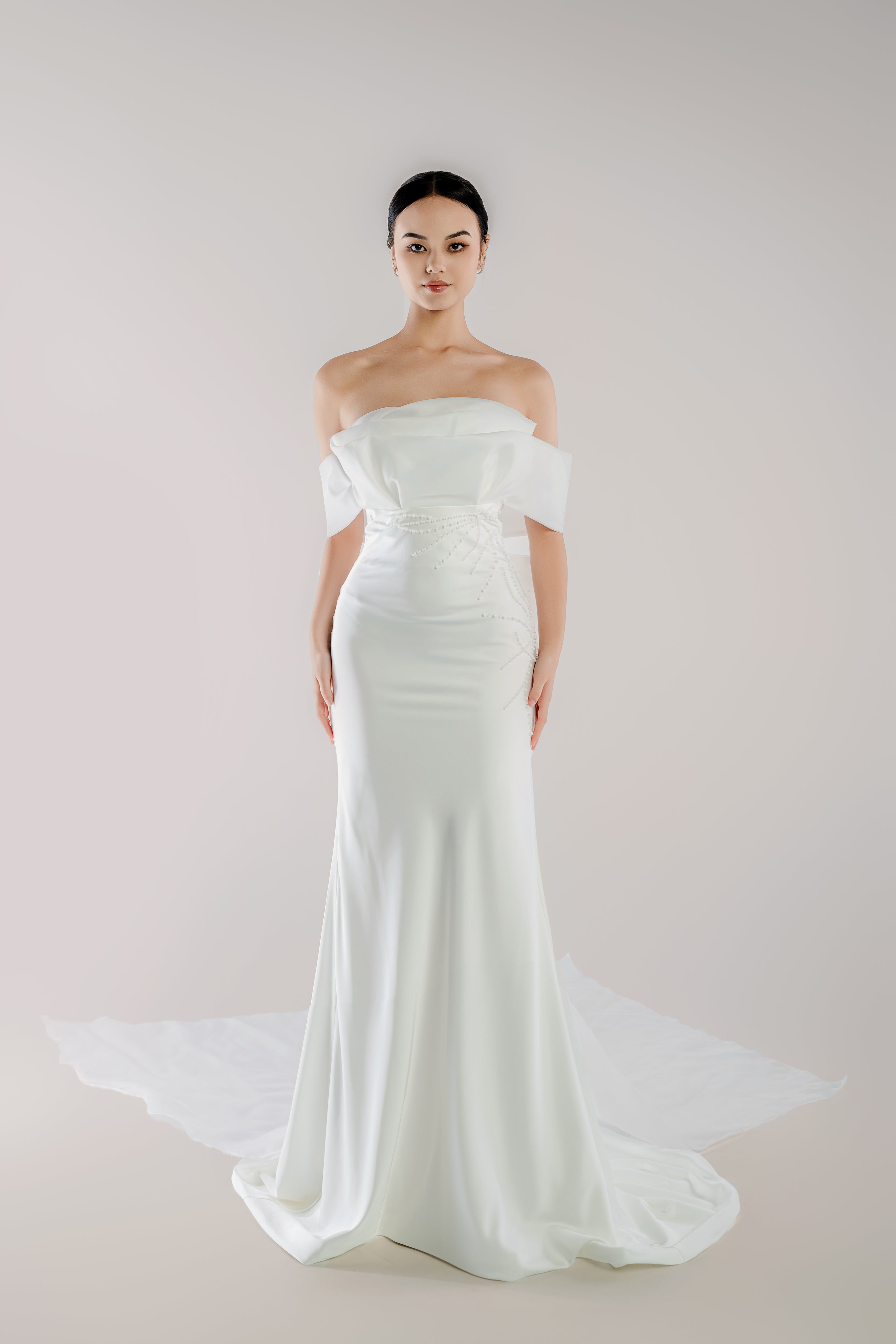 WL Bridal & Gown – Arwyn · Off-Shoulder Fit and Flare Wedding Dress with 3D Beading & Bow Train