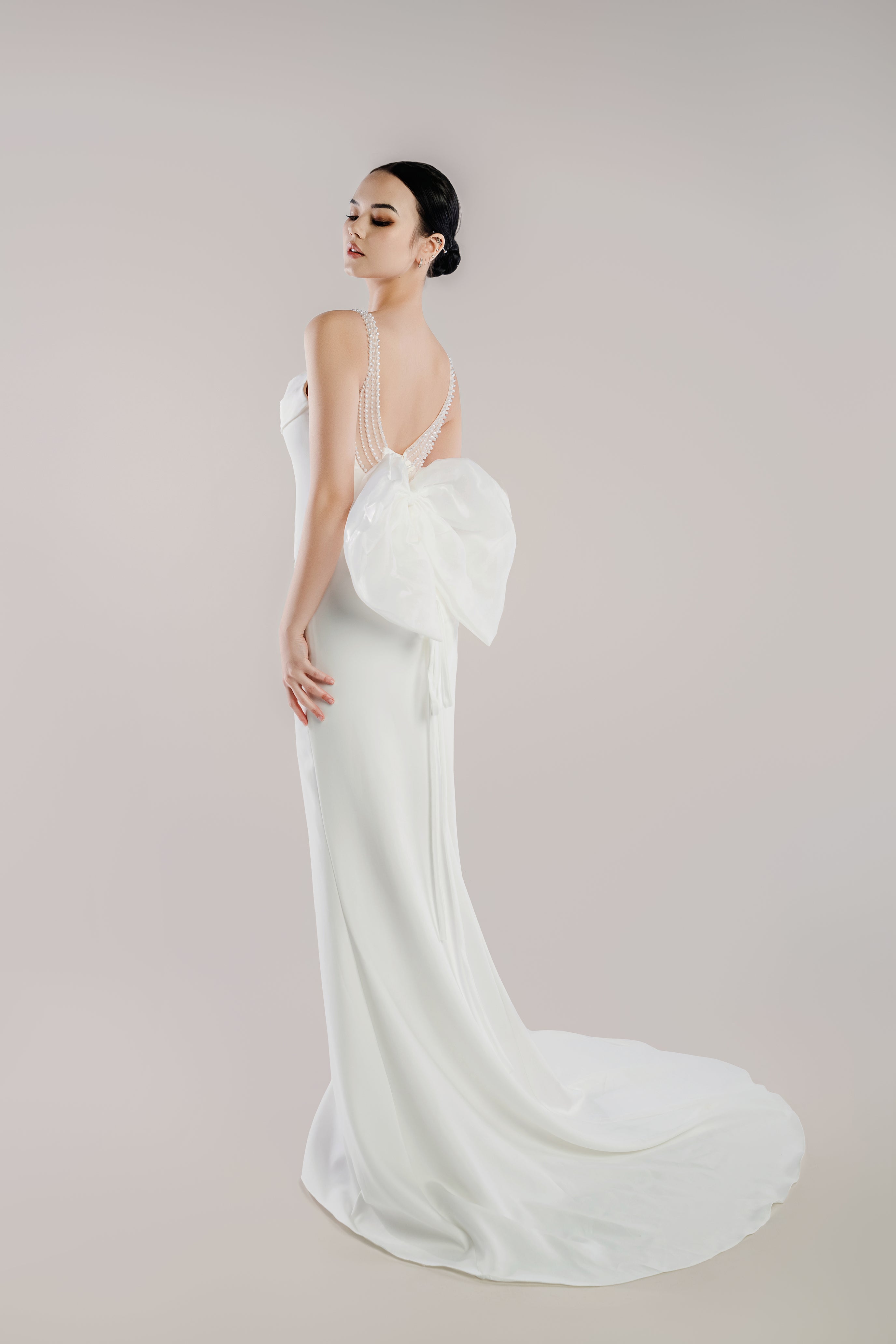 Sheath Satin Wedding Dress with Pearl Straps, Sweetheart Neckline & Statement Bow Train - Celestine. WL Bridal & Gown