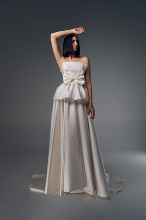 Adalina strapless structured satin A-line wedding dress, full length view