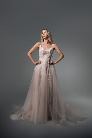 Amabel floral tulle A-line wedding dress with slim straps, front view