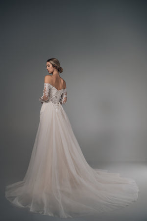 Amaris off-shoulder lace wedding dress with overskirt, back train view